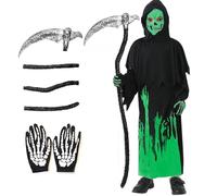 Deguisement Faucheuse Enfant Fantôme Robe Lumineux Costume Grim Reaper Cape Garcons Hooded à Capuchon Noire Gants Faucille Halloween Cosplay (S)
