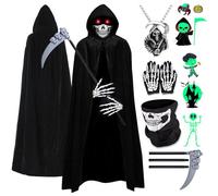 Déguisement Faucheuse Enfant Garçon Fille 8-12 Ans - Cape Halloween, Masque Squelette Lumineux, Accessoire Collier Tête de Mort, Tatouages