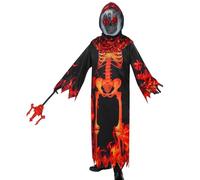 Déguisement Faucheuse Enfant Grim Reaper Flamme Crâne Garcon Costume Faucheur Squelette Robe Hood Gants Fourche Halloween Cosplay (S)