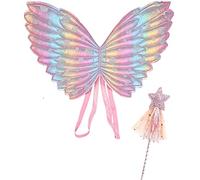 Déguisement Fée Enfant,Ailes d'Enfants 2Pcs Costume Papillon Fille Ailes Ensemble Baguette Magique et Ailes de Fée pour Enfants pour Filles Fête d'halloween Habiller Accessoires de Déguisement Cosplay