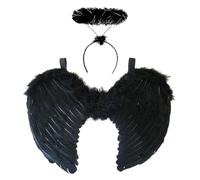 Déguisement Femme Ailes d'Ange Noir en Plumes Noires et Serre-Tête Auréole - Costume halloween ange déchu, démon, maléfique ou fée, Déguisement adulte femme pour cosplay et carnaval