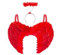 Déguisement Femme Ailes de Diable Rouges en Plumes avec Serre-Tête, Cornes et Fourche - Costume Halloween, démon ou diablesse, 3 accessoires, Déguisement adulte Halloween, cosplay et carnaval