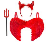 Déguisement Femme Ailes de Diable Rouges en Plumes avec Serre-Tête, Cornes et Fourche - Costume Halloween, démon ou diablesse, 3 Accessoires, Déguisement Adulte Halloween, Cosplay et Carnaval