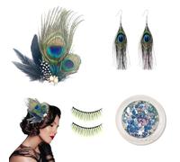 déguisement femme carnaval accessoire paon 1 lot complet avec faux cils longs bleus, boucles d’oreilles, headband plumes et paillettes pour soirée déguisée Gatsby années 20 Halloween