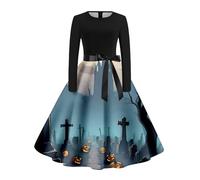Deguisement Femme Halloween Adulte Robe Vintage Rockabilly, Robe Style Audrey Hepburn FêTe Manche Longue ImpriméE Col Rond Sexy Elegant Cosplay Party Club Gala Cocktail Classique