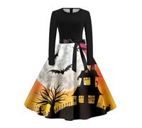 Deguisement Femme Halloween Adulte Robe Vintage Rockabilly - Robe Style Audrey Hepburn FêTe Manche Longue ImpriméE Col Rond Sexy Elegant Cosplay Party Club Gala Cocktail Classique