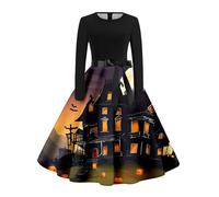 Deguisement Femme Halloween Adulte Robe Vintage Rockabilly, Robe Style Audrey Hepburn FêTe Manche Longue ImpriméE Col Rond Sexy Elegant Cosplay Party Club Gala Cocktail Classique