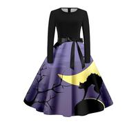 Deguisement Femme Halloween Adulte Robe Vintage Rockabilly - Robe Style Audrey Hepburn FêTe Manche Longue ImpriméE Col Rond Sexy Elegant Cosplay Party Club Gala Cocktail Classique