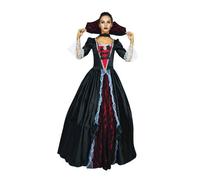 Déguisement Femme - PTIT CLOWN - Vampire Elégante - Robe satin noir/bordeaux - Grand col rigide - Cerceau pop-up L/XL