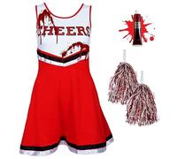 Déguisement fille zombie pompom girl enfant - robe cheerleader avec pompons, tube de faux sang, costume Halloween enfant, carnaval, anniversaire, fête, cosplay