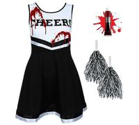 Déguisement fille zombie pompom girl enfant - robe cheerleader avec pompons, tube de faux sang, costume Halloween enfant, carnaval, anniversaire, fête, cosplay