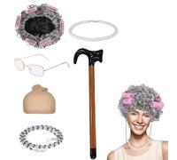 Deguisement Grand Mere, Perruque Vieille Dame, Deguisement Vieux - Ensemble Complet Avec Perruque Grise Bouclée, Lunettes, Collier De Perles & Canne Gonflable, Déguisement Grand-Mère Pour Halloween