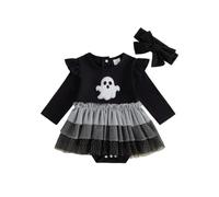 Déguisement Halloween Bébé Fille Brodé Robe Barboteuse avec Bandeau | Ensemble Costume Halloween Bébé Fille Robe Barboteuse Brodée Patchwork en Tulle à Manches Longues avec Bandeau 0-18 Mois