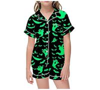 Deguisement Halloween Bebe Garcon,Ensemble Pyjama pour Enfants Loisirs Halloween imprimé col boutonné Manches Courtes Haut et Short pour Les Nuits Douces (Green, 6-7 Years)