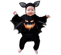 Deguisement Halloween Bebe Nouveau- Né Pyjama Combinaison Ailes de Chauve Souris Pyjama Ensemble à Capuchon Amusant avec Chapeau Imprimé Citrouille Body 0-24 Mois Cosplay (07 Black, 0-3 Months)