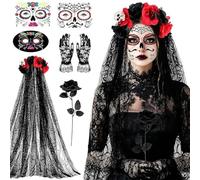 Déguisement Halloween Composé de Bandeau Voile Gants, Tatouage, Rose | Costume Jour Des Morts en Dentelle, Déguisement Gothique Femme, Tenue Cosplay Adaptée à Halloween et Soiré e à Thème