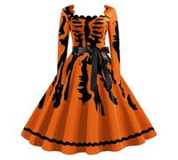 Deguisement Halloween Costume Tenue Pour Femme Robe Citrouille 2025 Rétro Médiévale Avec Manches Trompette Reine Adulte Longue Dos Nu D'halloween Squelette Patchwork Horreur De Soirée Orange-A M