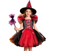Deguisement Halloween Enfant de Sorcière Coloré Fille Robe de Tutu Moda | 5 Pièces Filles Magnifique Sorcière Halloween Costume avec Chapeau de Sorcière Balai Chaussettes et Gants Fête Robes