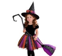 Deguisement Halloween Enfant Sorcière Costume avec Chapeau et Balai Sorciere Couleur Unie Jupe Tutu Sorcière Ensemble pour Filles Classique Deguisement pour Halloween Cosplay Fête