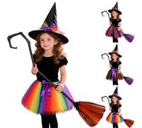 Deguisement Halloween Enfant Sorciere Tutu Sorcière Citrouille Costume Chauve Souris avec Chapeau et Balai Sorciere Balai Robe Tutu pour Halloween Carnavall Fête Jeu Fille 2-8 an (Orange, 4-6 Years)