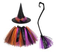 Deguisement Halloween Enfant Sorciere,Tutu Sorcière Citrouille Costume Chauve Souris avec Chapeau et Balai Sorciere, Robe Sorcière Jeu Fille 2-8ans,pour Halloween Cosplay Fête Carnaval