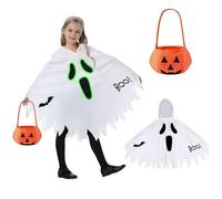 Deguisement Halloween Fantome Enfant, Cape Blanc Costume de Fantôme, Costume Fantôme Enfants, Lumineux Blanc Ghost Cape à Capuche, avec Sac de Citrouille, Pour Halloween, Fête, Cosplay, Carnaval (S)