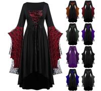 Déguisement Halloween Femme Adulte Victorienne - Robe Medievale Femme Dentelle Party Vampire Costume Halloween Chic Et Elegant Princesse Déguisement Gothique Vêtements(Vin,S)
