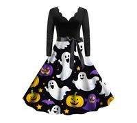 DéGuisement Halloween Femme Col en V Imprimé CrâNe à Manches Longues Swing Chic Taille Haute Classique Automne Cocktail Costume D'Festival,FêTe des Morts Carnaval Cosplay VêTements