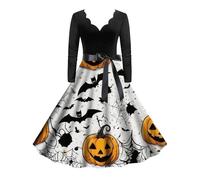 DéGuisement Halloween Femme Col en V Imprimé CrâNe à Manches Longues Swing Chic Taille Haute Classique Automne Cocktail Costume D'Festival,FêTe des Morts Carnaval Cosplay VêTements