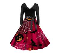DéGuisement Halloween Femme Col en V Imprimé CrâNe à Manches Longues Swing Chic Taille Haute Classique Automne Cocktail Costume D'Festival,FêTe des Morts Carnaval Cosplay VêTements