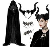 Deguisement Halloween Femme, Déguisement Haloween Méchante Reine, Cape Noire à Capuche avec Collier de Dentelle Gothique, Bracelet et Bandeau en Corne de Démon, pour Halloween, Carnaval, Cosplay