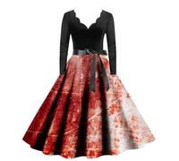 Deguisement Halloween Femme Grande Taille Robe Moulante Manche Longue - Robe Vintage Rockabilly Cocktail A-Ligne Col V Imprimé Sanguinolent avec Ceinture Mode Automne Tendance