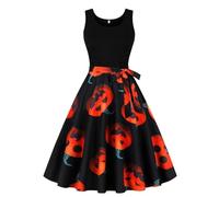 Deguisement Halloween Femme Grande Taille, Robe Vintage Rockabilly Robe Moulante Sexy sans Manches Col Rond SoiréE avec Impression Citrouille Cocktail Midi Bal Loisirs