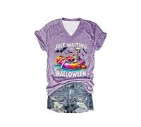 Deguisement Halloween Femme Imprimé Lettre, T-Shirts à Manches Courtes Femme Col V Coupe Ample Horreur Sanglant Haut Chic Décontracté Grande Taille Polyvalent Top Carnaval Streetwear Bloody Pullover