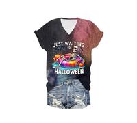 Deguisement Halloween Femme Imprimé Lettre, T-Shirts à Manches Courtes Femme Col V Grande Taille Horreur Sanglant Haut Décontracté Coupe Ample Chic Polyvalent Tops Carnaval Streetwear Bloody Pullover