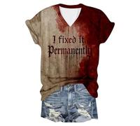 Deguisement Halloween Femme Imprimé Lettre, Tee Shirt Femme Col V Grande Taille Manches Courtes Sanglant Horreur Coupe Ample Haut Décontracté Polyvalent Chic Bloody Top Streetwear Carnaval Costume
