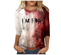 Deguisement Halloween Femme Imprimé Lettres, Tee Shirt Femme Manche 3/4 Col Rond Classiques Horreur Coupe Slim Haut Chic Décontracté Confortable Bloody Top Polyvalent Carnaval Blood Streetwear Costume
