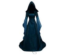 Deguisement Halloween Femme Médiéval Déguisement Adulte Maxi Robe à Capuche Manches évasées Cosplay Vampire Sorcière Reine Costume Halloween Toussaint Carnaval Drame Fête S-5XL, Bleu foncé, M