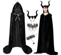 Deguisement Halloween Femme, Noir Cape Halloween pour Adulte, Cape à Capuche, avec Cornes de Diable Serre Tete, Collier de Dentelle Gothique Serre, Bracelet, Costume pour Carnaval