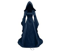 Deguisement Halloween Femme Robe a Capuche Vetement Grande Taille Elegant Medievale Cosplay Femme Costume Halloween Adulte Vintage Robes Gothique(Bleu foncé,XL)