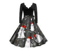 DéGuisement Halloween Femme- Robe Cocktail Col en V Imprimé CrâNe à Manches Longues Swing Chic Taille Haute Rétro Automne Costume D'Festival,FêTe des Morts Carnaval Cosplay VêTements
