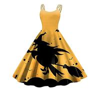 DéGuisement Halloween Femme- Robe De Soiree sans Manches A Line Sexy Imprimé Effrayant A Line Bretelles Spaghetti Dress Mi-Longue Rétro Taille Haute pour Festival d'horreur d'horreur Cosplay