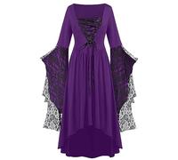 Deguisement Halloween Femme Robe Gothique à Capuche Col Carré Imprimé Manches évasées Taille à Lacet Jupe Traînante Cosplay Sorcière Carnaval Toussaint Fête Scène