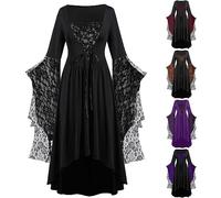 Deguisement Halloween Femme Robe Gothique à Capuche Col Carré Imprimé Manches évasées Taille à Lacet Jupe Traînante Cosplay Sorcière Carnaval Toussaint Fête Scène