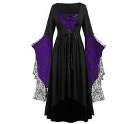 Deguisement Halloween Femme Robe Gothique à Capuche Col Carré Imprimé Manches évasées Taille à Lacet Jupe Traînante Cosplay Sorcière Carnaval Toussaint Fête Scène