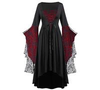 Deguisement Halloween Femme Robe Gothique à Capuche Col Carré Imprimé Manches évasées Taille à Lacet Jupe Traînante Cosplay Sorcière Carnaval Toussaint Fête Scène