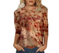 Deguisement Halloween Femme Sanglant- Haut Chic Manches 3/4 Col Rond Horreur Imprimé Sang Coupe Slim Tee Shirt Décontracté Confortable Bloody Top Polyvalent Carnaval Blood Streetwear Costume