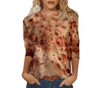 Deguisement Halloween Femme Sanglant, Haut Femme Chic Manches 3/4 Col Rond Horreur Imprimé Sang Coupe Slim Tee Shirt Décontracté Confortable Bloody Top Polyvalent Carnaval Blood Streetwear Costume
