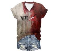 Deguisement Halloween Femme Sanglant, T-Shirt Manches Courtes Femme Imprimé Problème Sanglante Résolu Col en V Bloody Horreur éclaboussures de Sang Blood Vêtements Cadeau Décontracté Tendance Haut