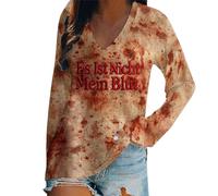 Deguisement Halloween Femme Sanglant, Tee Shirt Femme Col V Manches Longues Horreur Imprimé Sang Coupe Ample Haut Décontracté Confortable Bloody Chic Top Polyvalent Carnaval Blood Streetwear Costume